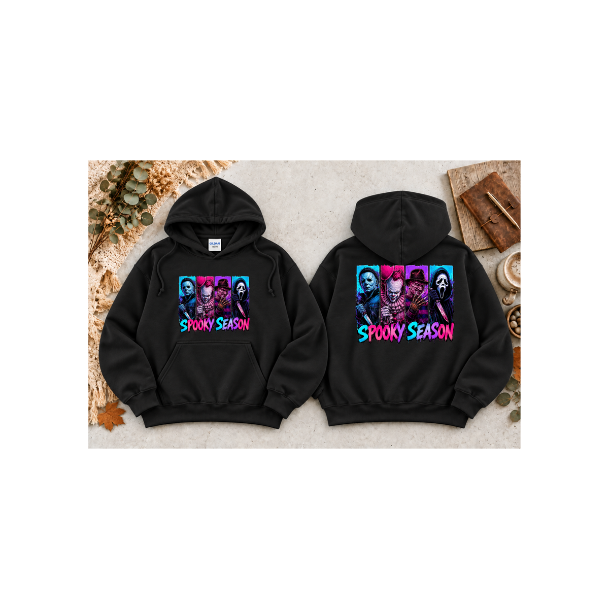 Spooky Season Horror Icons Pullover Hoodie (Front & Back Design)