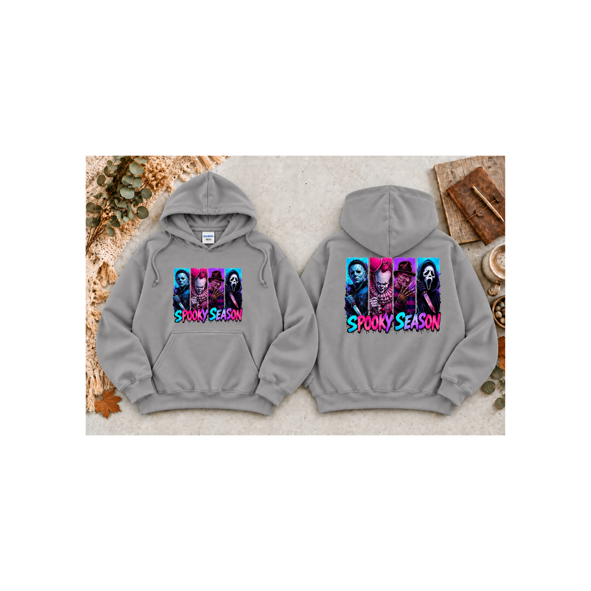 Spooky Season Horror Icons Pullover Hoodie (Front & Back Design)