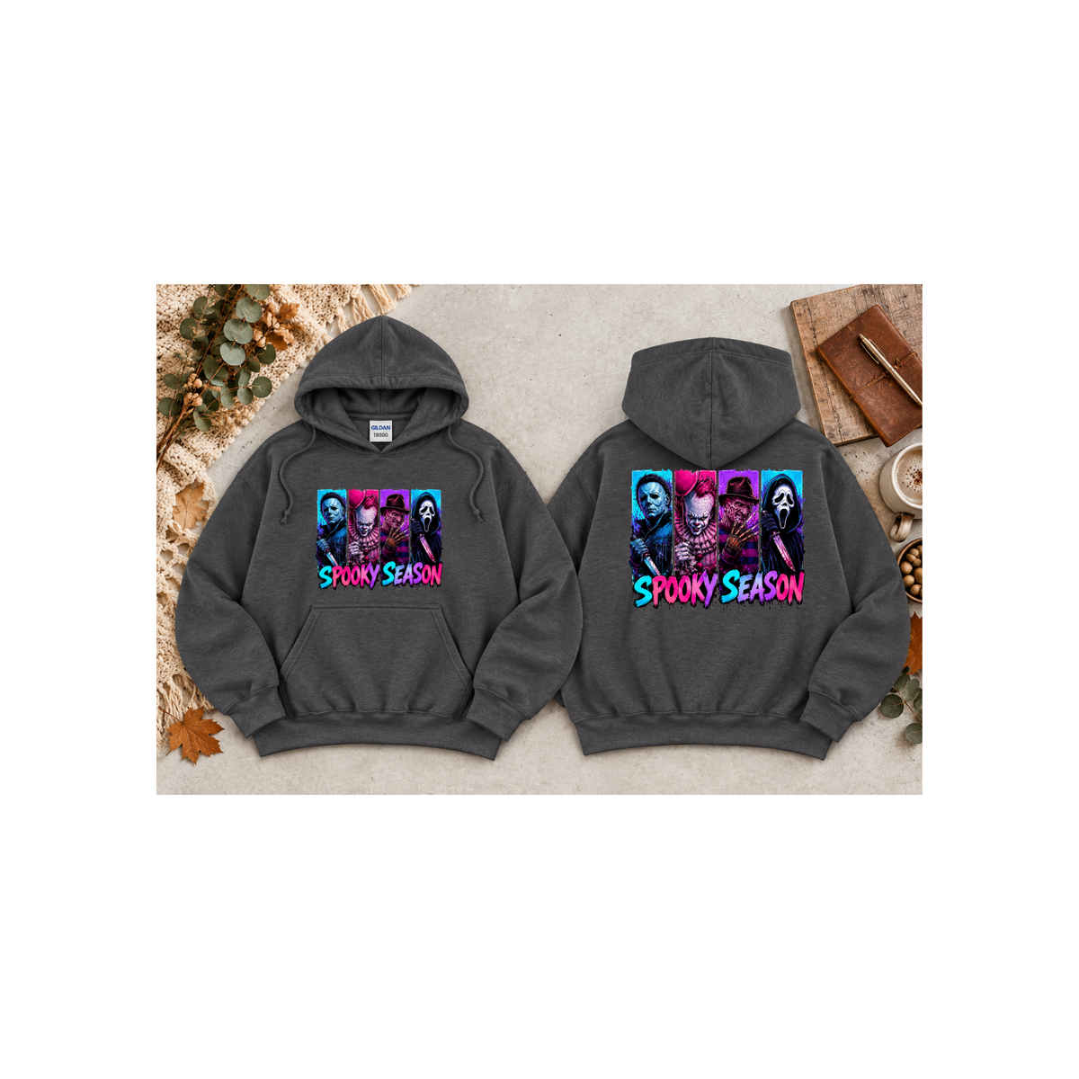 Spooky Season Horror Icons Pullover Hoodie (Front & Back Design)
