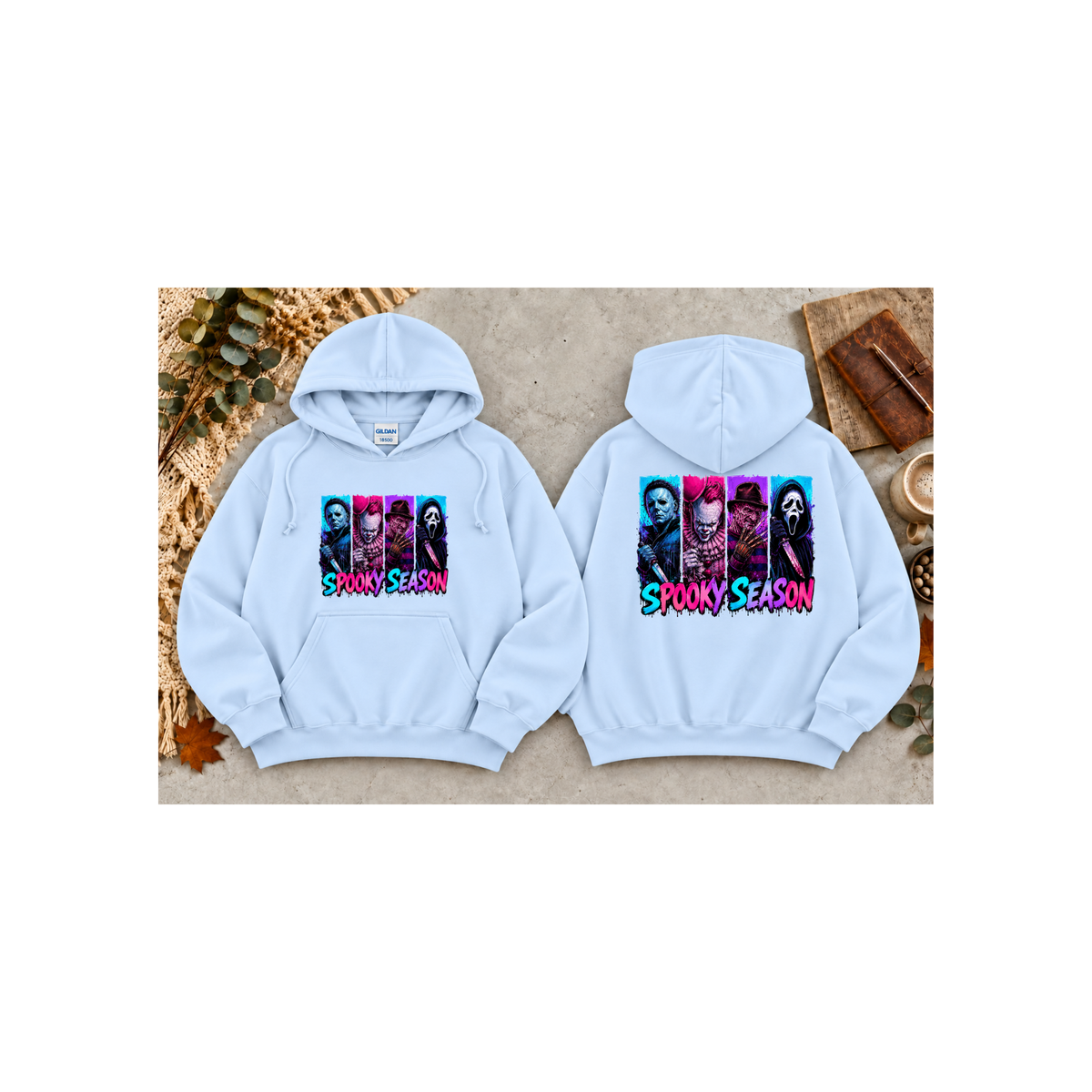 Spooky Season Horror Icons Pullover Hoodie (Front & Back Design)