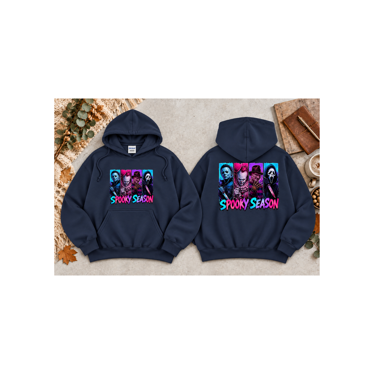 Spooky Season Horror Icons Pullover Hoodie (Front & Back Design)