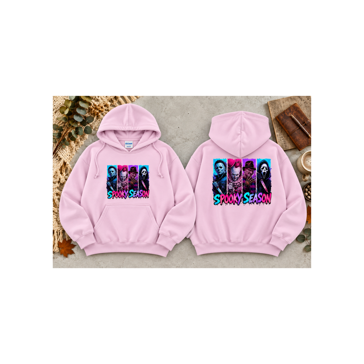 Spooky Season Horror Icons Pullover Hoodie (Front & Back Design)