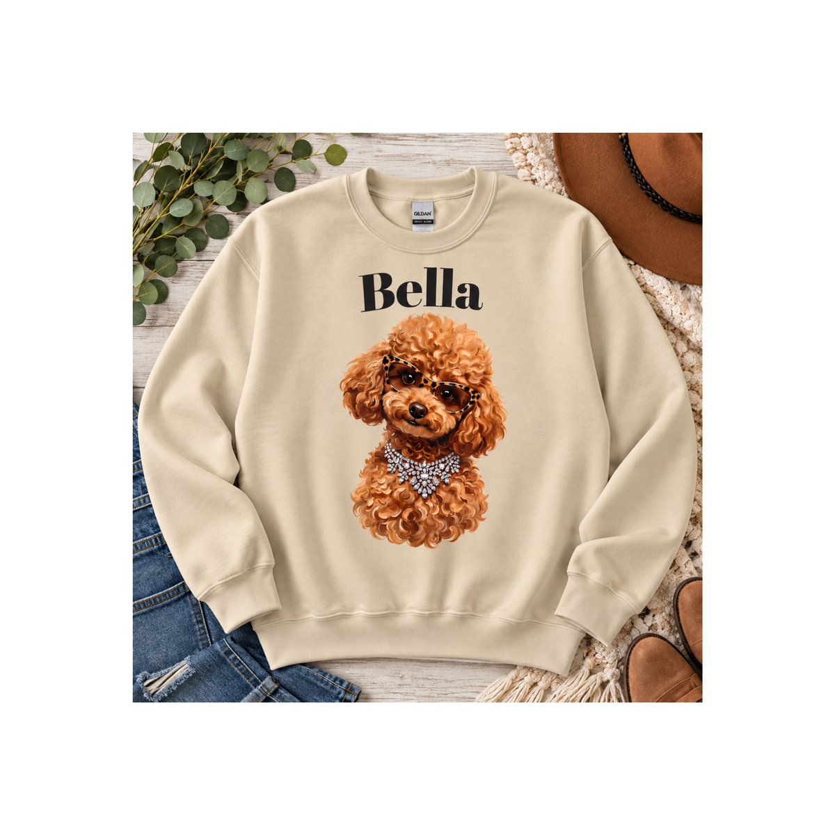 Bella Poodle Sweatshirt — Personalized Dog Portrait Crewneck Sweatshirt