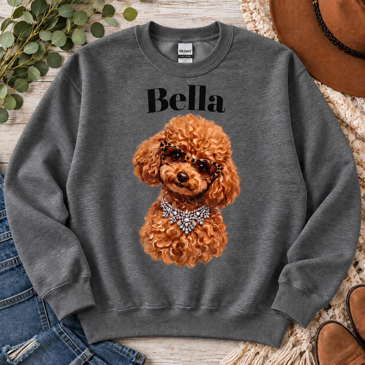 Bella Poodle Sweatshirt — Personalized Dog Portrait Crewneck Sweatshirt
