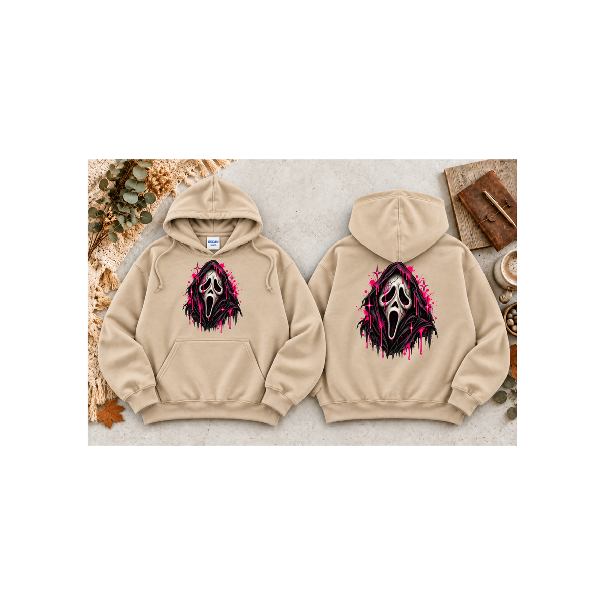 Scream Mask - Neon Drip Horror Graphic Hoodie (Front & Back Design)