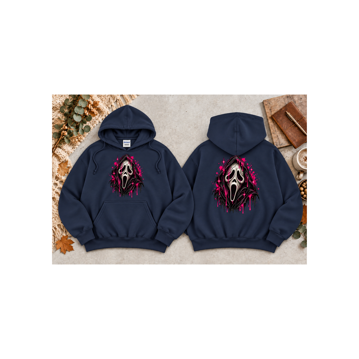 Scream Mask - Neon Drip Horror Graphic Hoodie (Front & Back Design)