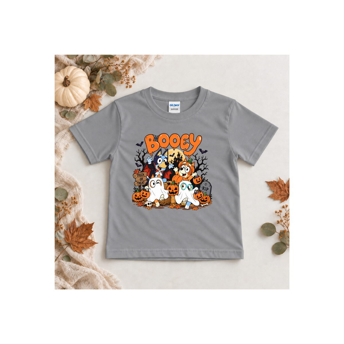 Bluey Booey Family Halloween Cartoon Trick or Treat Kids T-Shirt