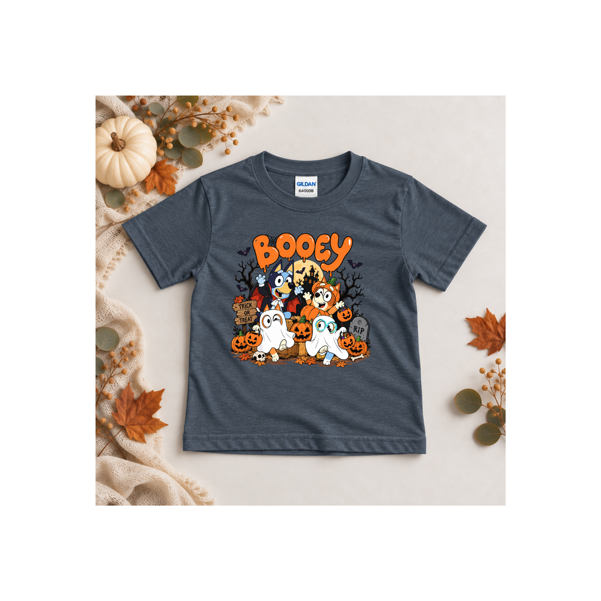 Bluey Booey Family Halloween Cartoon Trick or Treat Kids T-Shirt