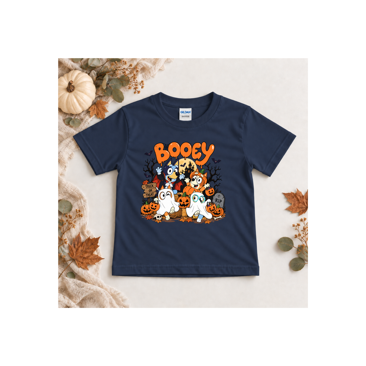 Bluey Booey Family Halloween Cartoon Trick or Treat Kids T-Shirt