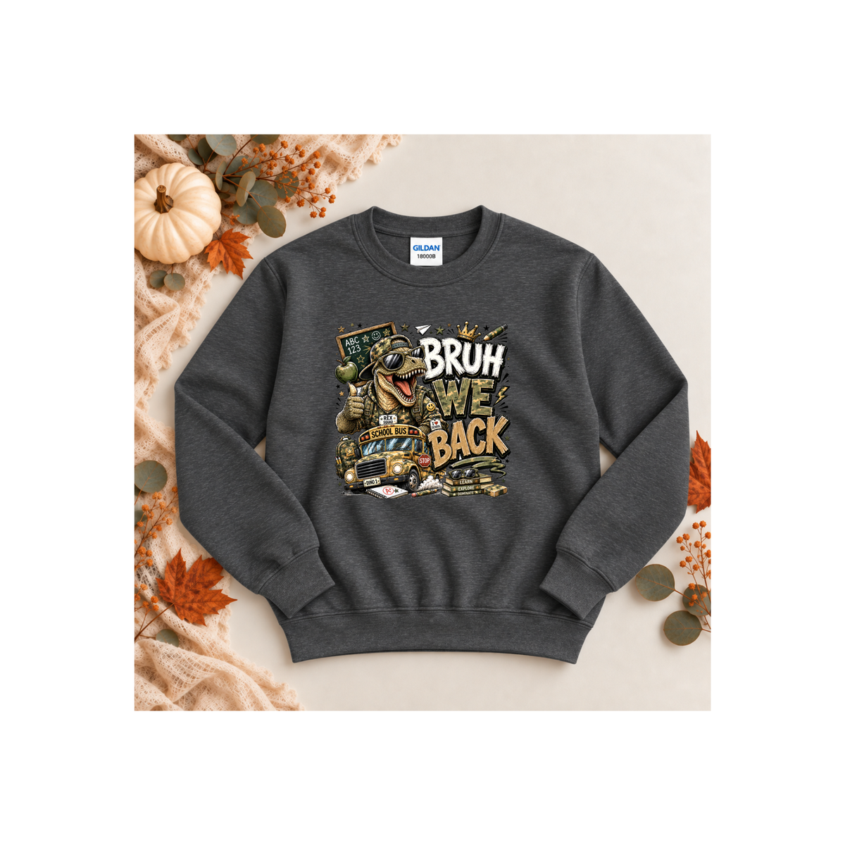 Bruh Back Dinosaur  — Funny Dino Graphic Kids Crewneck Sweatshirt
