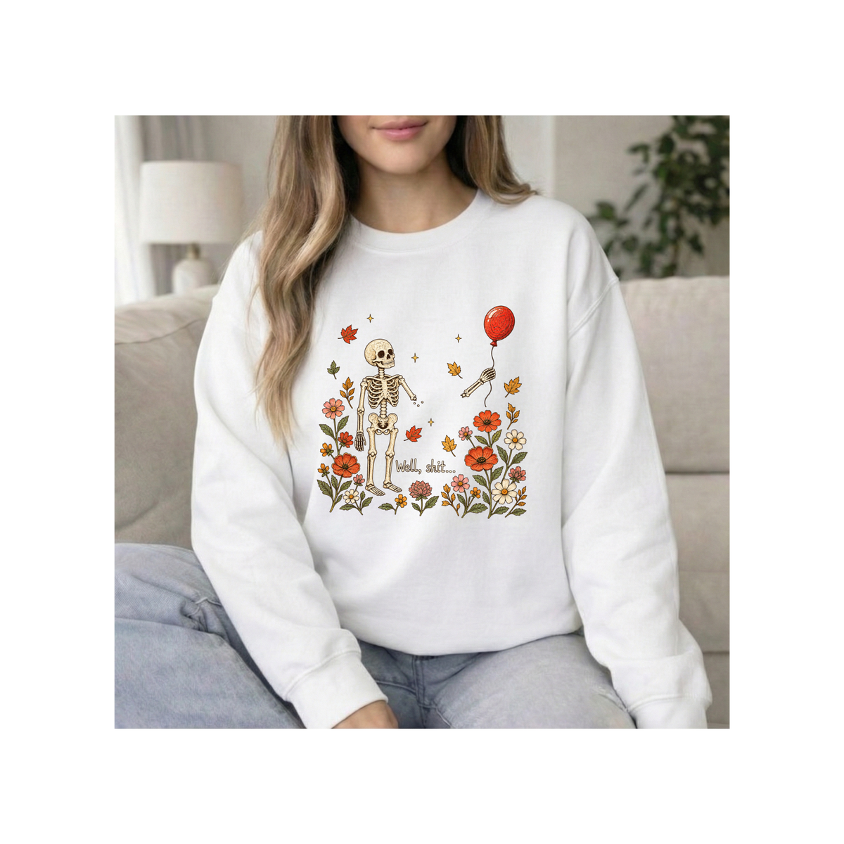 Skeleton & Red Balloon Floral Autumn - Crewneck Sweatshirt