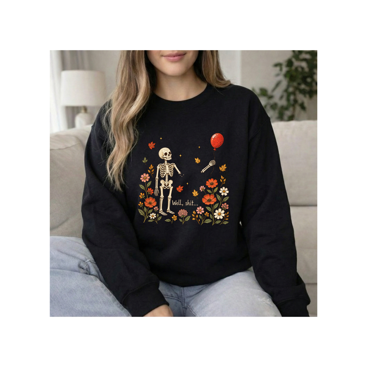 Skeleton & Red Balloon Floral Autumn - Crewneck Sweatshirt