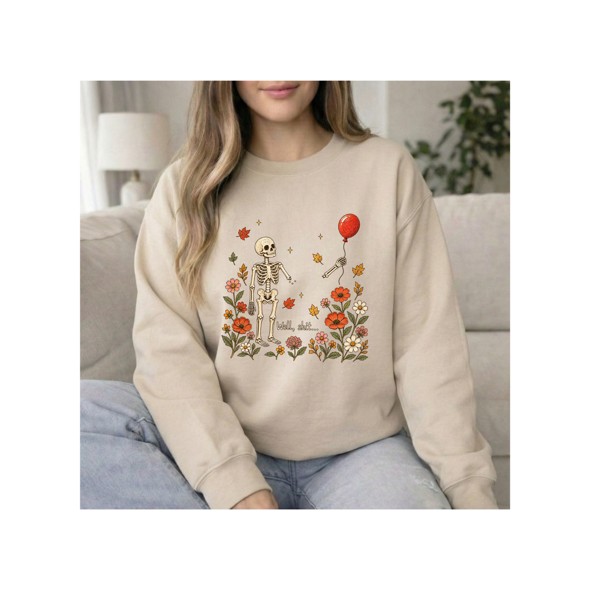 Skeleton & Red Balloon Floral Autumn - Crewneck Sweatshirt