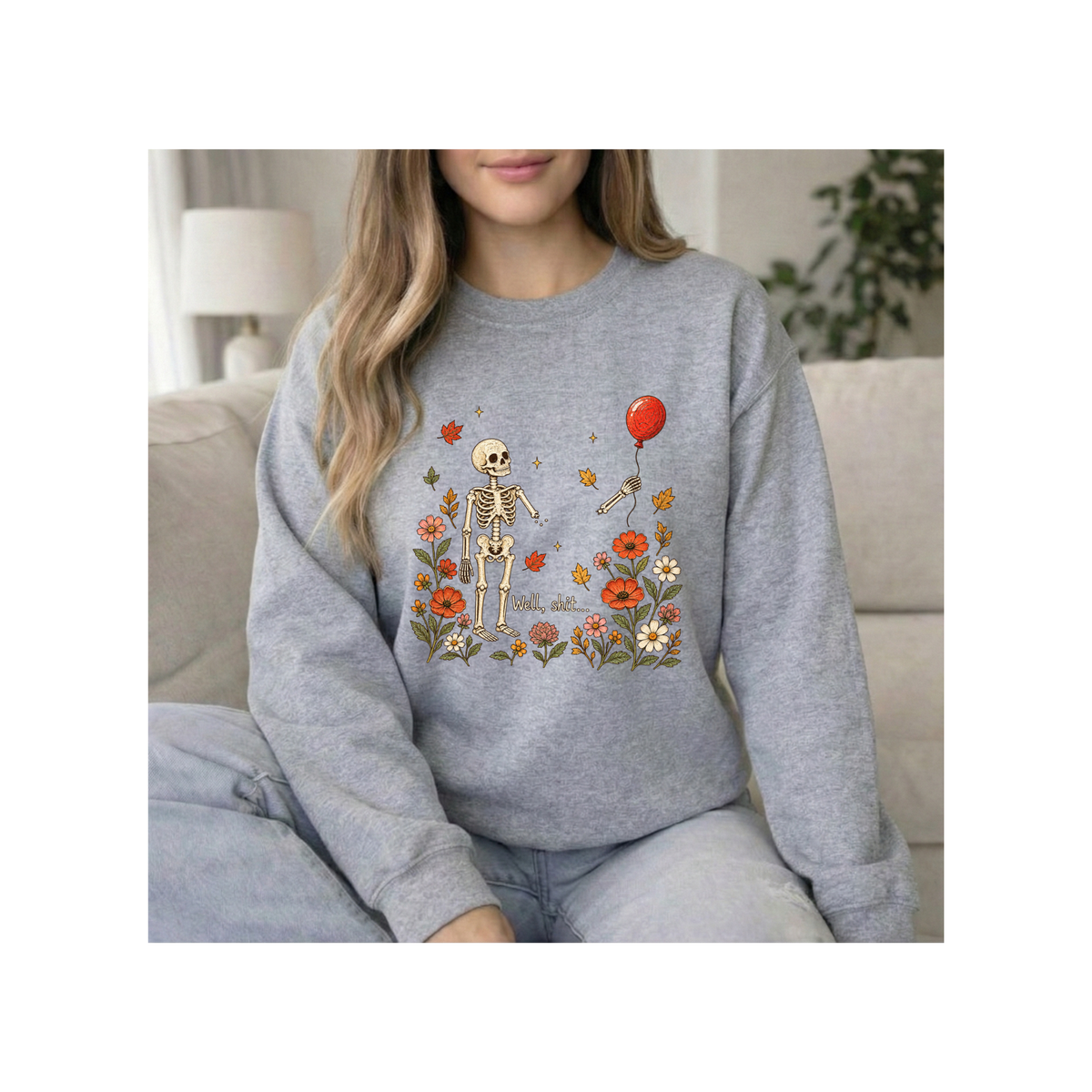Skeleton & Red Balloon Floral Autumn - Crewneck Sweatshirt