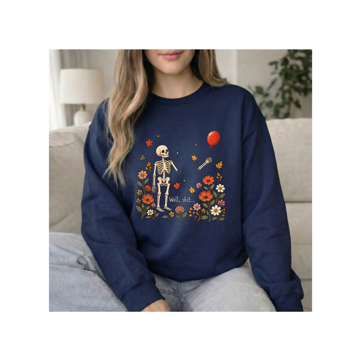 Skeleton & Red Balloon Floral Autumn - Crewneck Sweatshirt