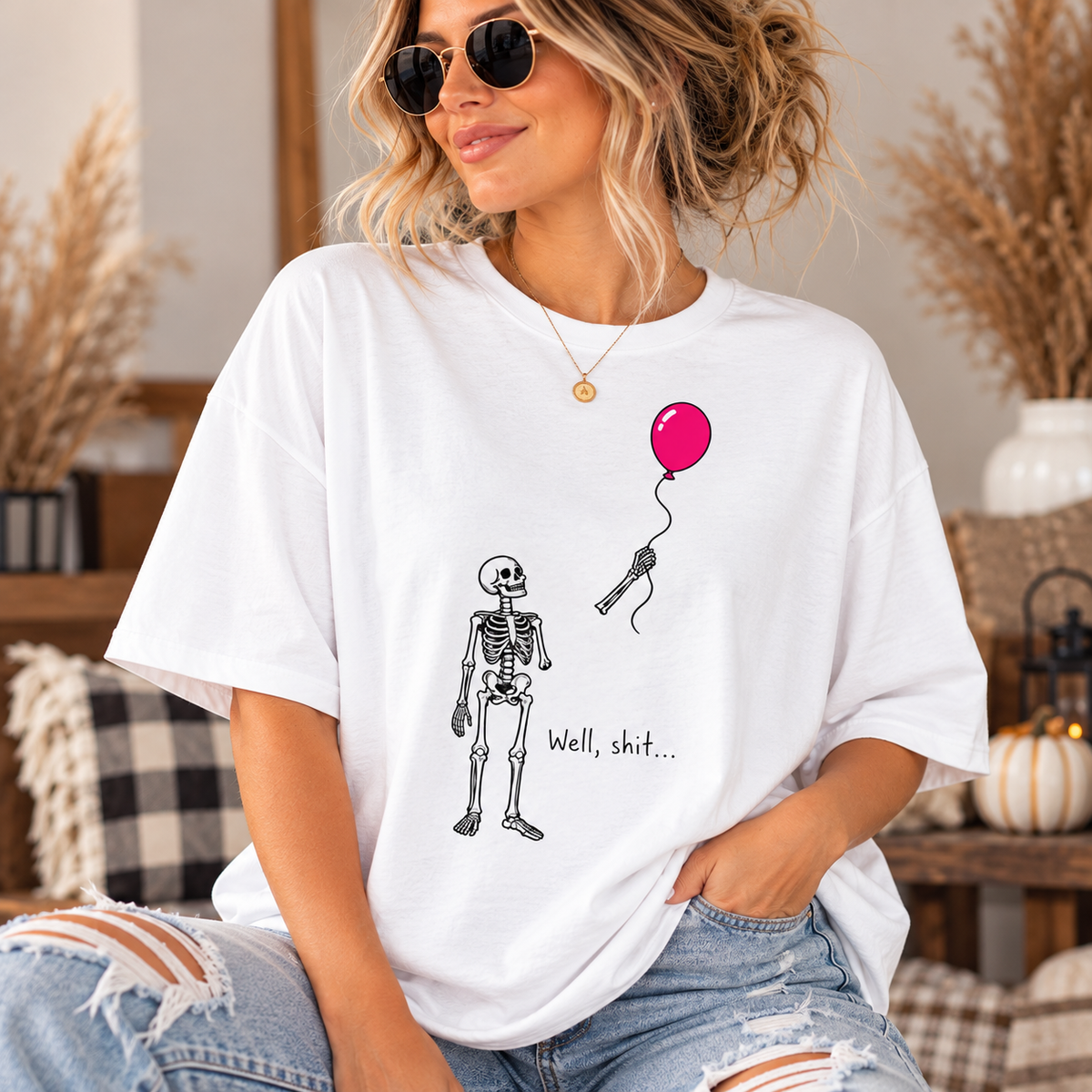 Skeleton with Balloon Graphic Tee 'Well, Shit' = Oversized Boxy T‑Shirt