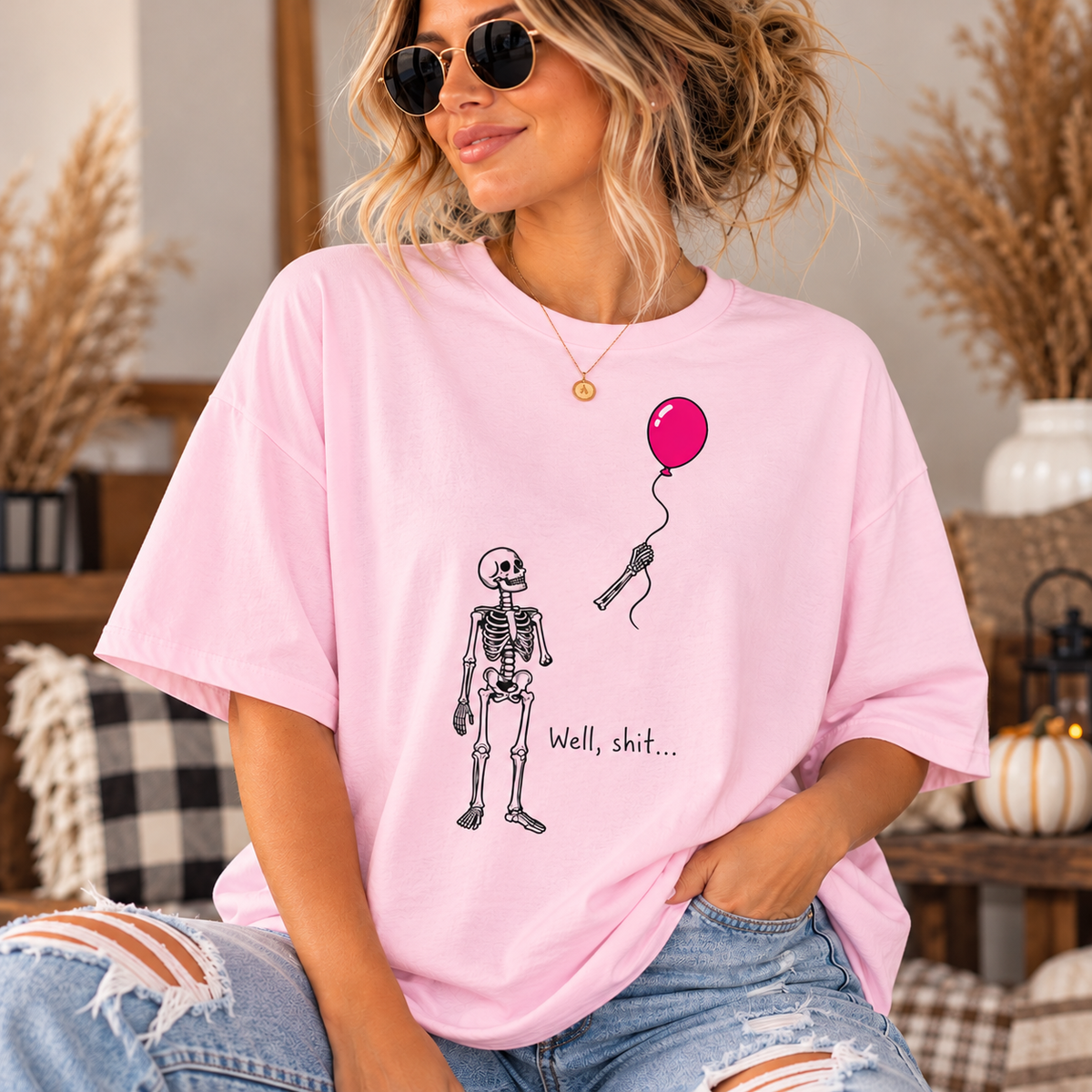 Skeleton with Balloon Graphic Tee 'Well, Shit' = Oversized Boxy T‑Shirt