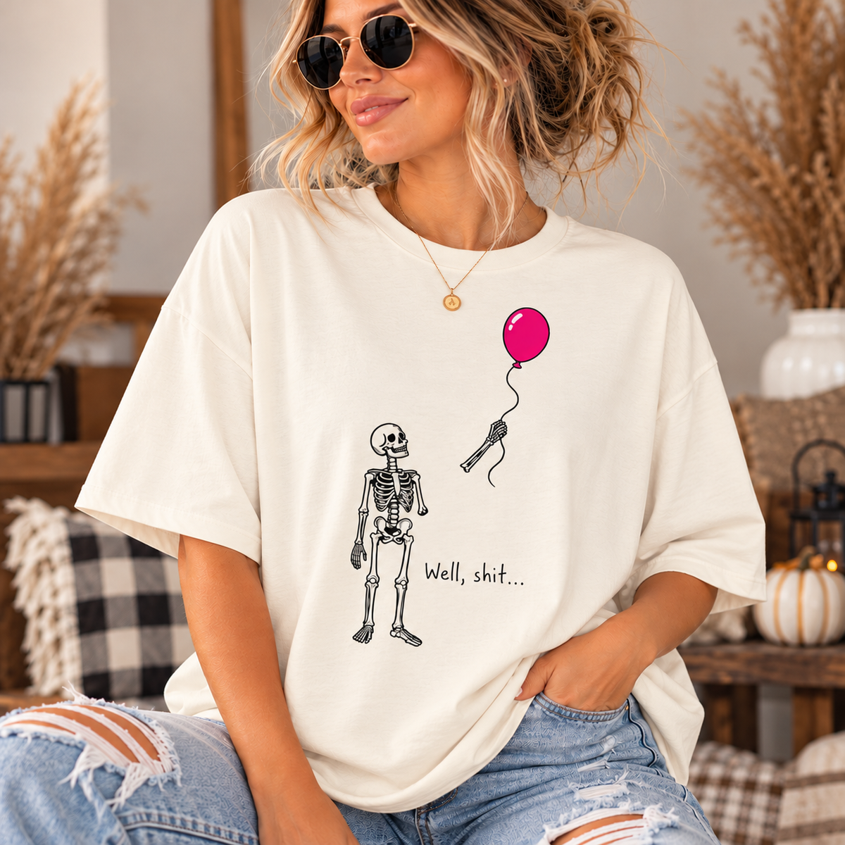 Skeleton with Balloon Graphic Tee 'Well, Shit' = Oversized Boxy T‑Shirt