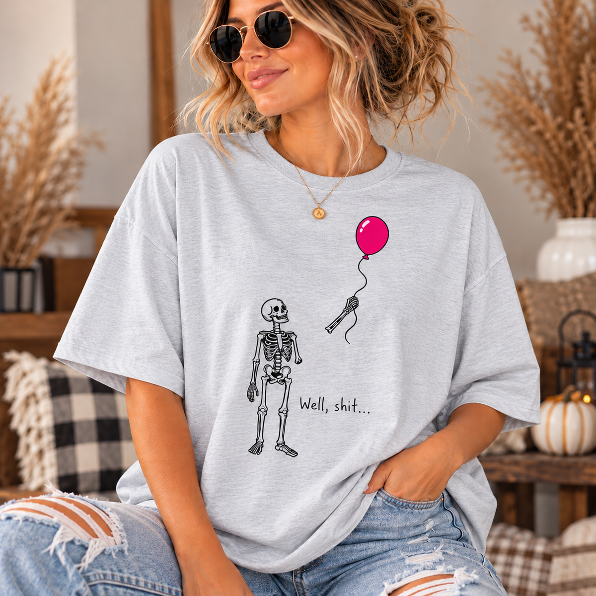 Skeleton with Balloon Graphic Tee 'Well, Shit' = Oversized Boxy T‑Shirt