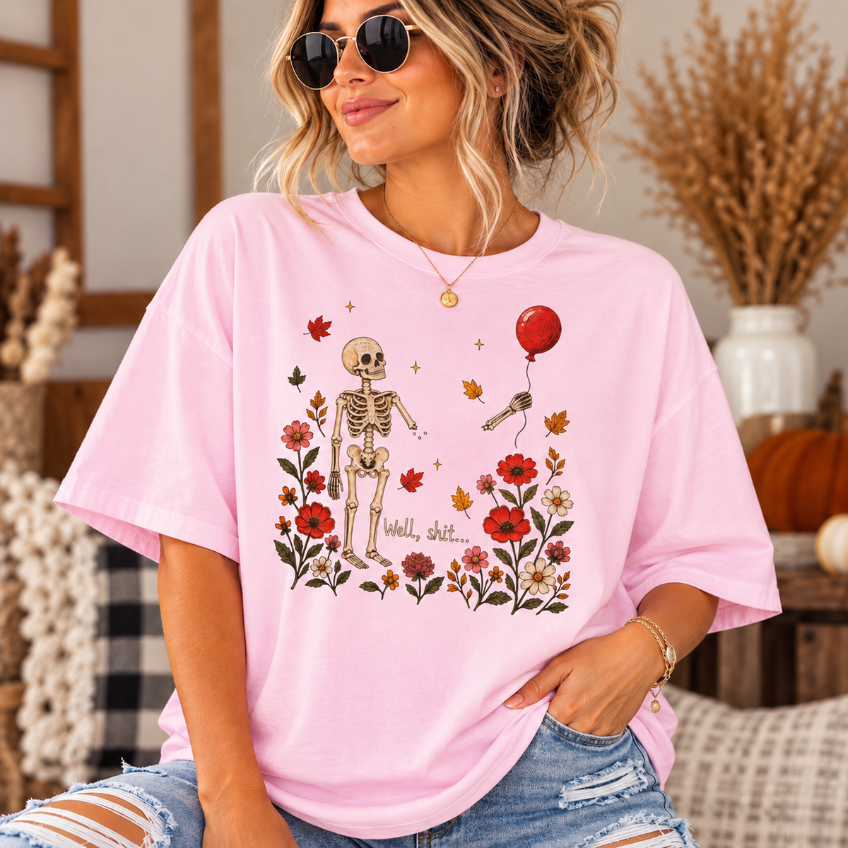 Skeleton with Balloon Autumn Scene 'Well Shit' - Oversized Boxy T-Shirt