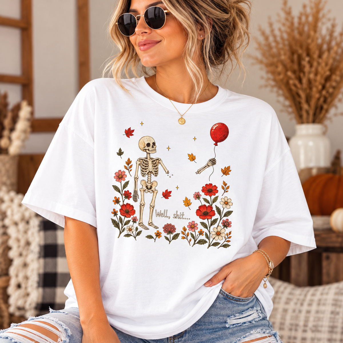 Skeleton with Balloon Autumn Scene 'Well Shit' - Oversized Boxy T-Shirt