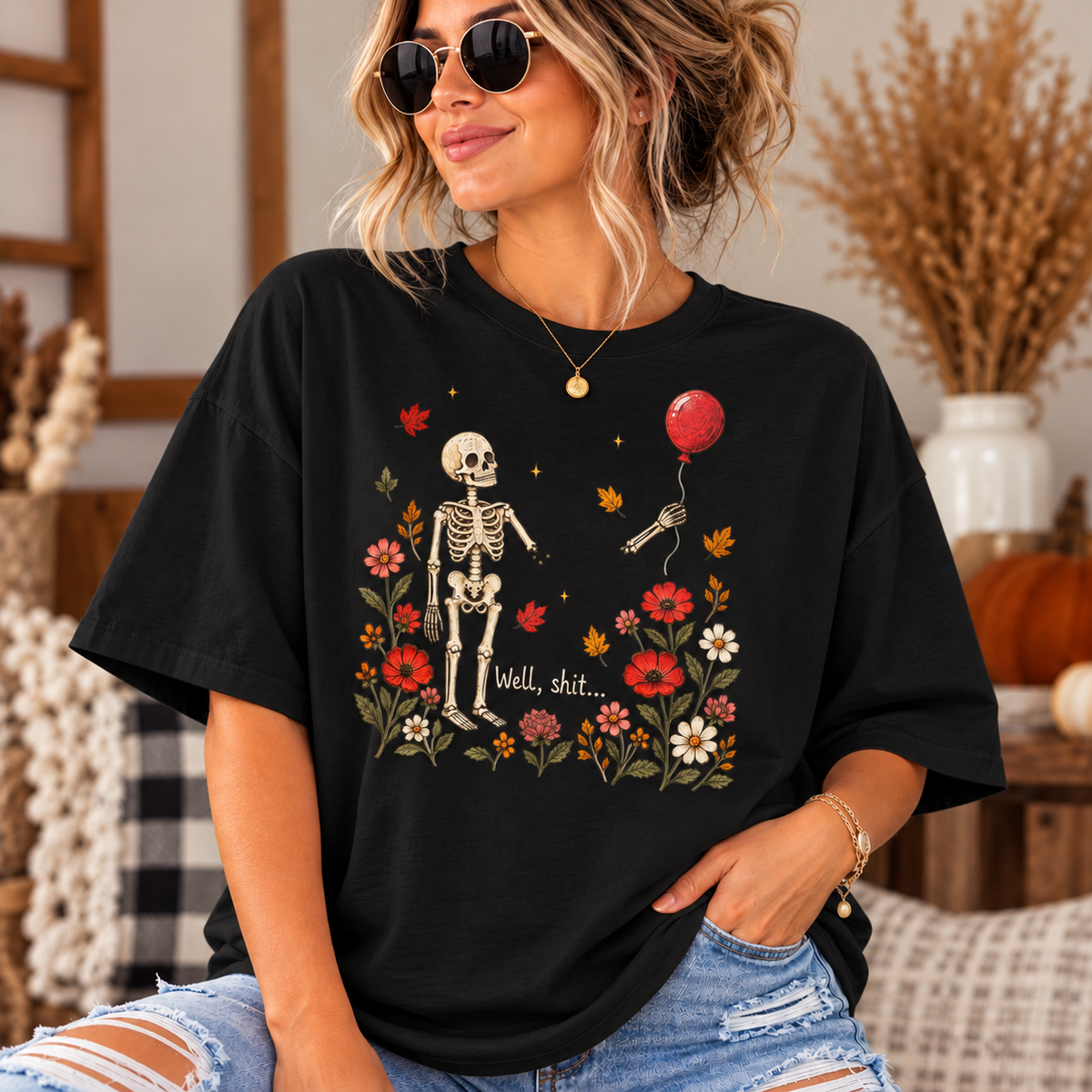 Skeleton with Balloon Autumn Scene 'Well Shit' - Oversized Boxy T-Shirt