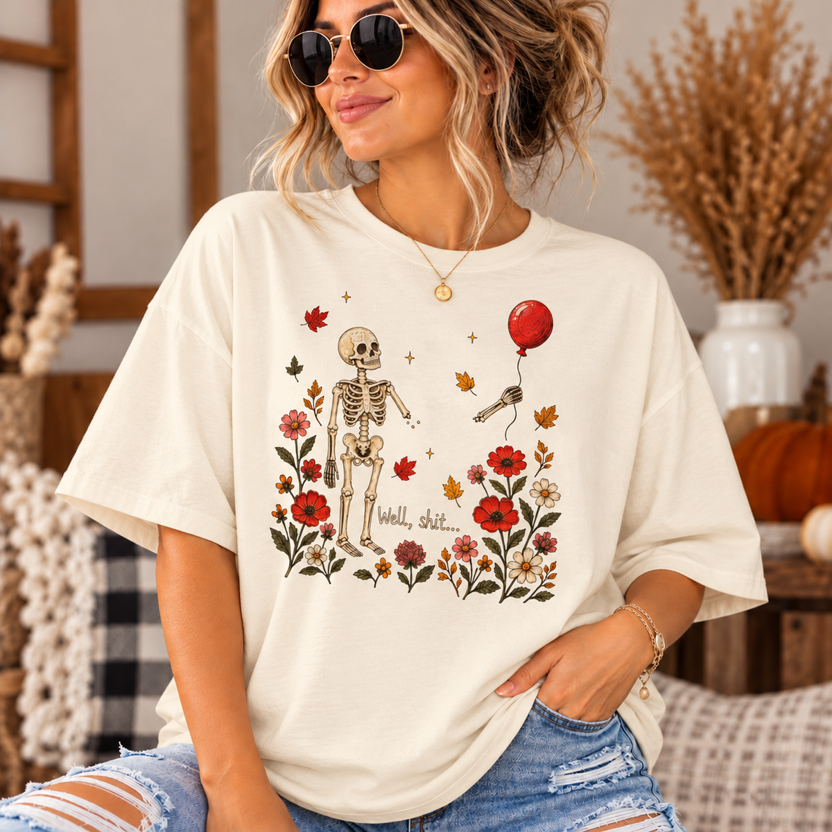 Skeleton with Balloon Autumn Scene 'Well Shit' - Oversized Boxy T-Shirt