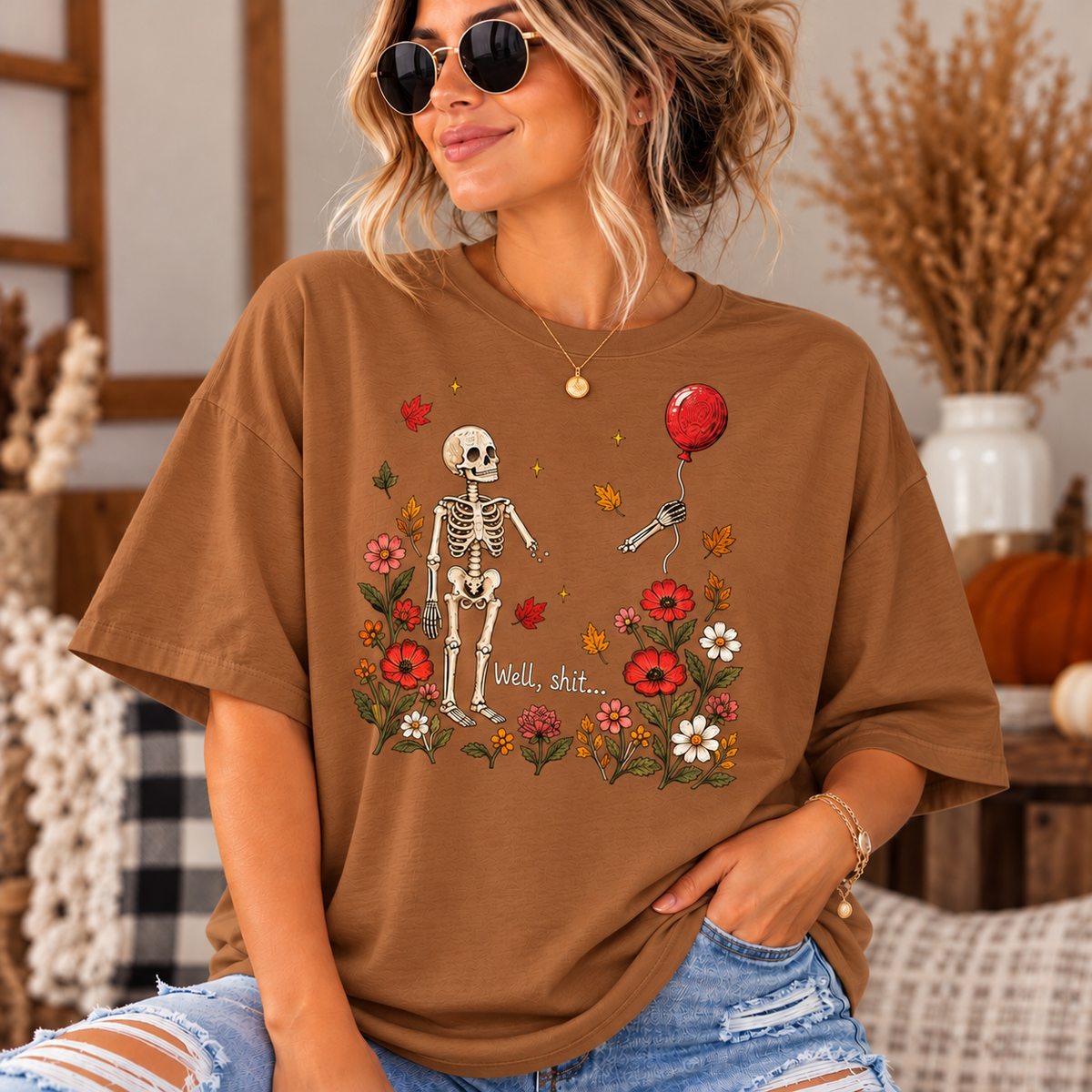 Skeleton with Balloon Autumn Scene 'Well Shit' - Oversized Boxy T-Shirt