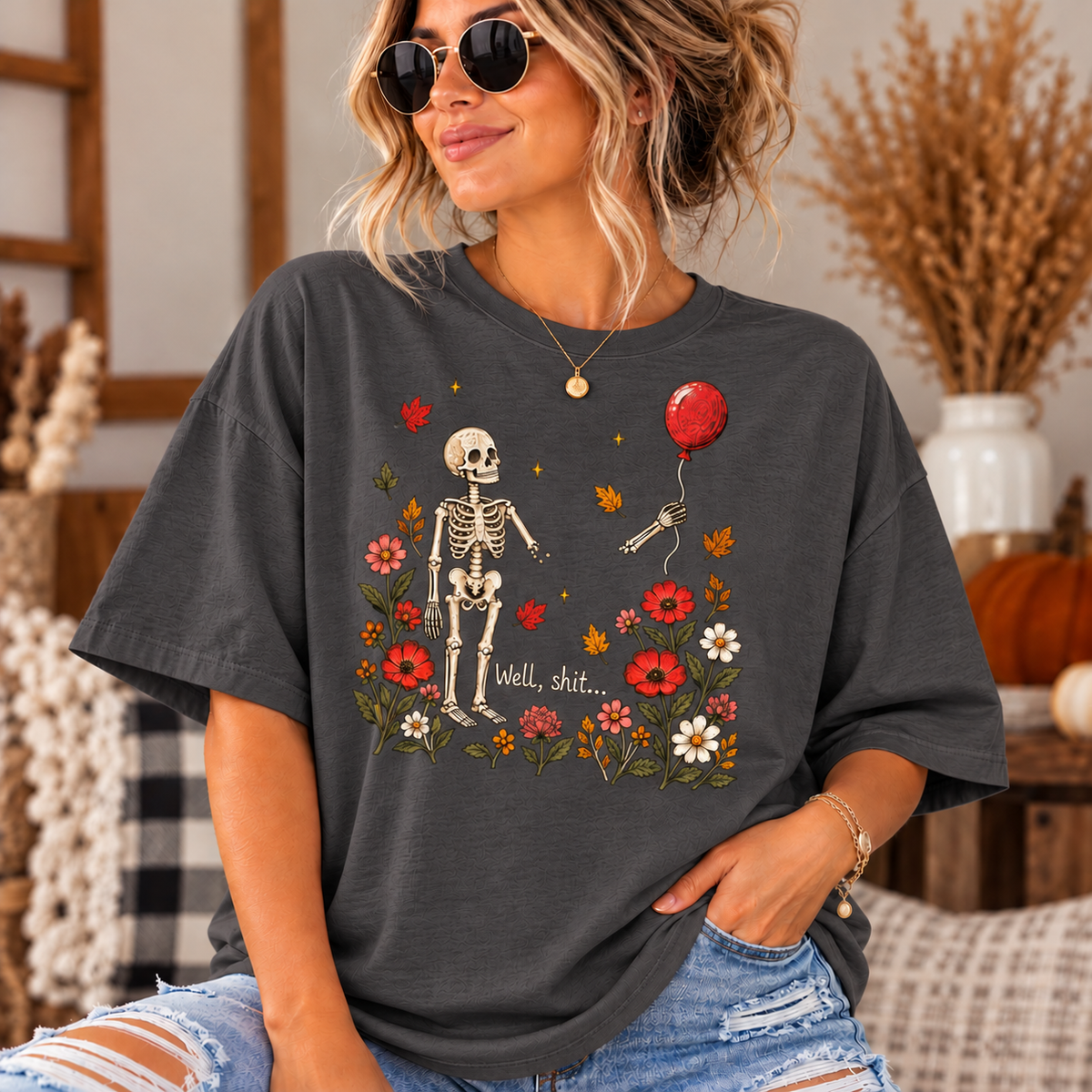 Skeleton with Balloon Autumn Scene 'Well Shit' - Oversized Boxy T-Shirt