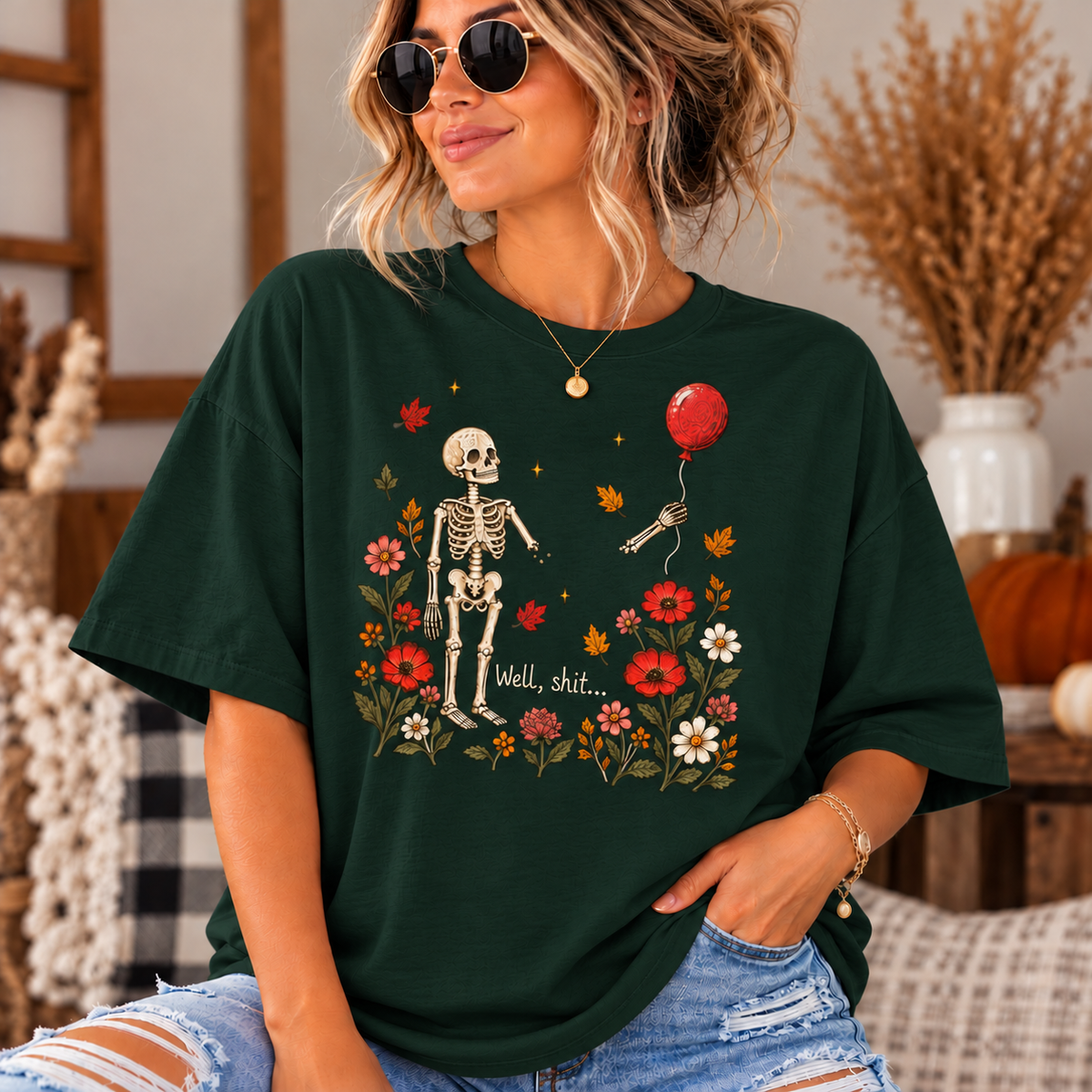 Skeleton with Balloon Autumn Scene 'Well Shit' - Oversized Boxy T-Shirt