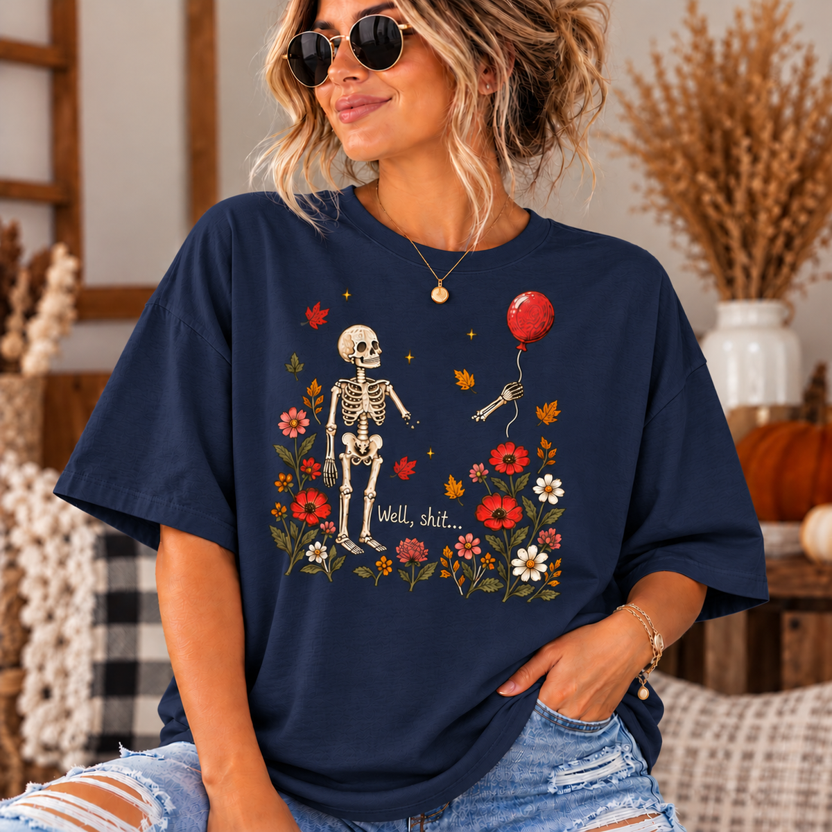 Skeleton with Balloon Autumn Scene 'Well Shit' - Oversized Boxy T-Shirt
