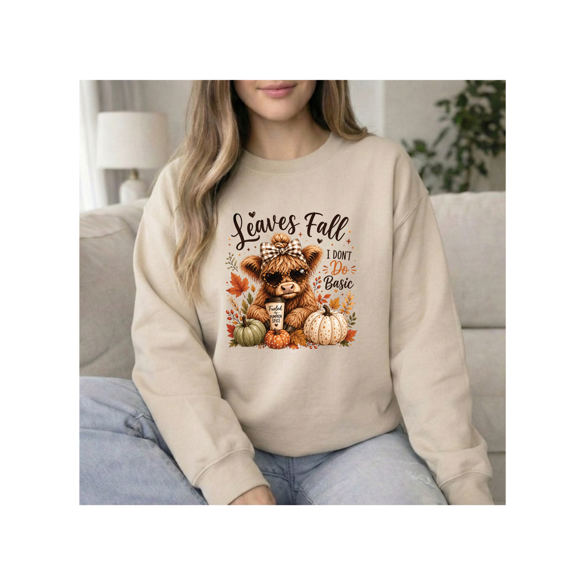 Highland Cow "Leaves Fall, I Don't Do Basic" Crewneck Sweatshirt
