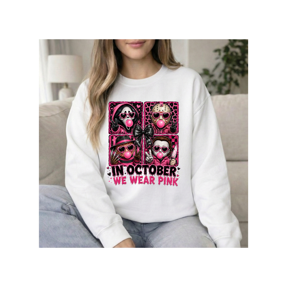 "In October We Wear Pink" Halloween Breast Cancer Awareness Crewneck Sweatshirt