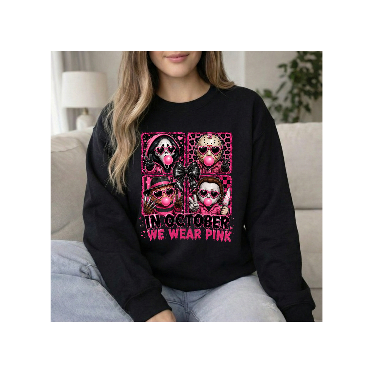 "In October We Wear Pink" Halloween Breast Cancer Awareness Crewneck Sweatshirt
