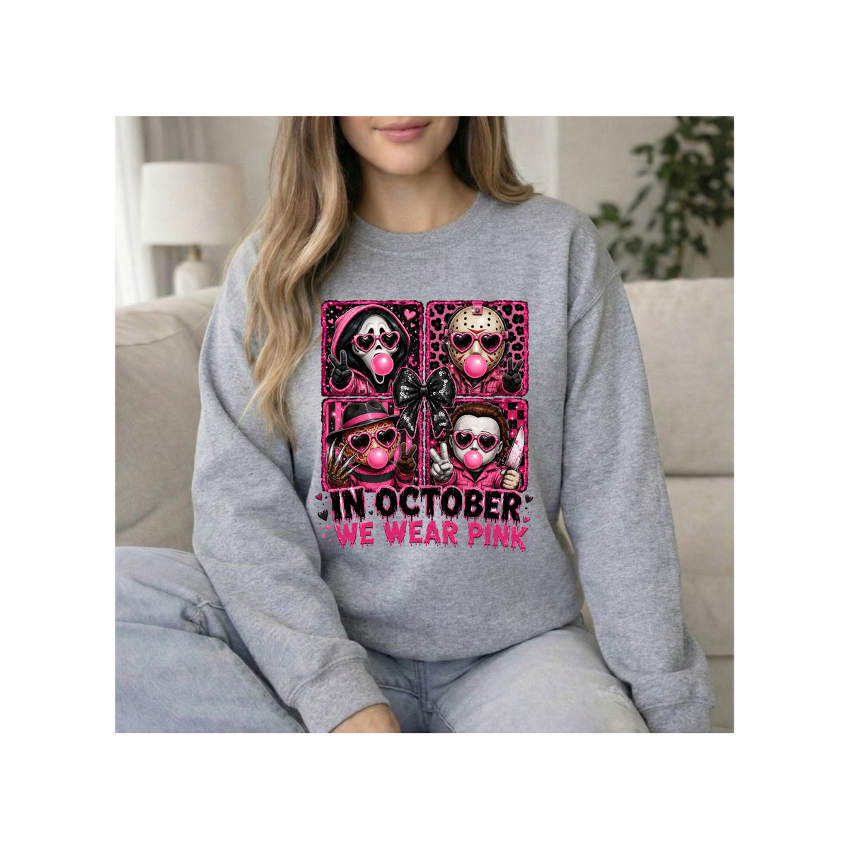 "In October We Wear Pink" Halloween Breast Cancer Awareness Crewneck Sweatshirt