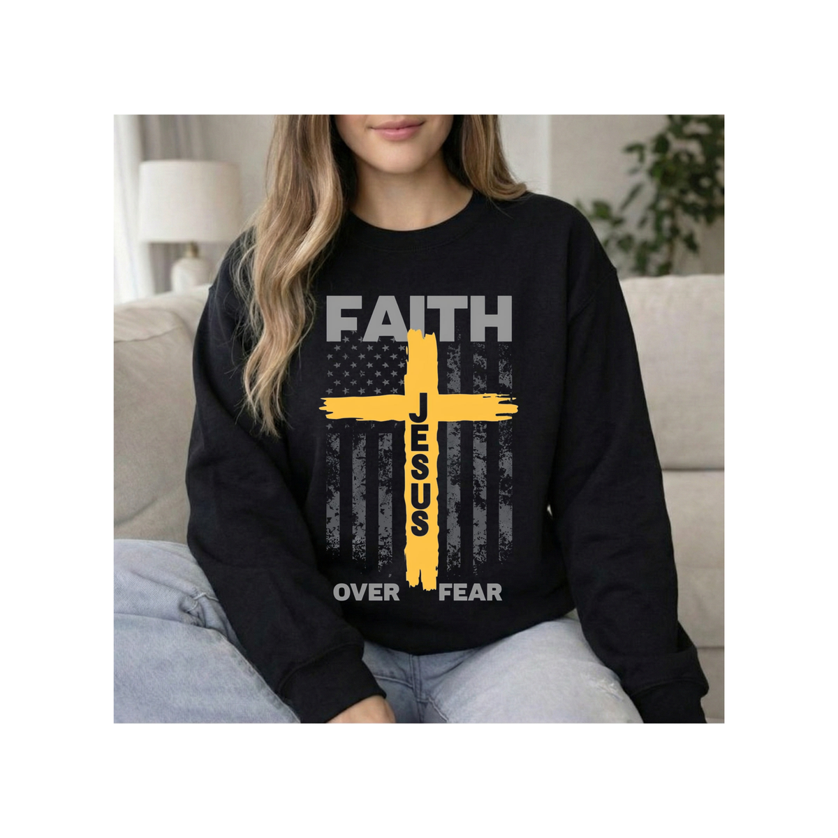 Faith Over Fear – Jesus Cross Christian Crewneck Sweatshirt