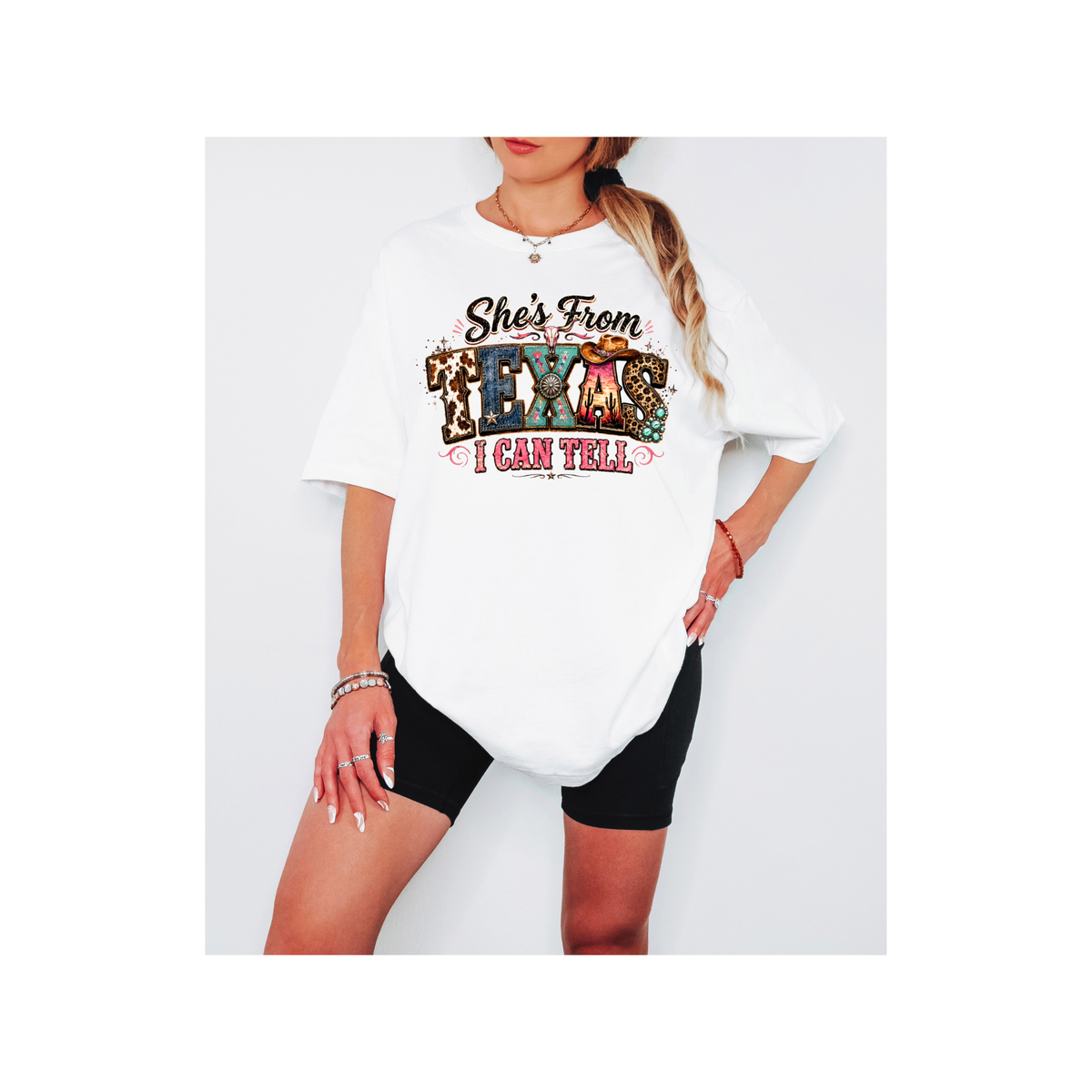 She's From Texas I Can Tell Colorful Graphics - Oversized Boxy T-Shirt