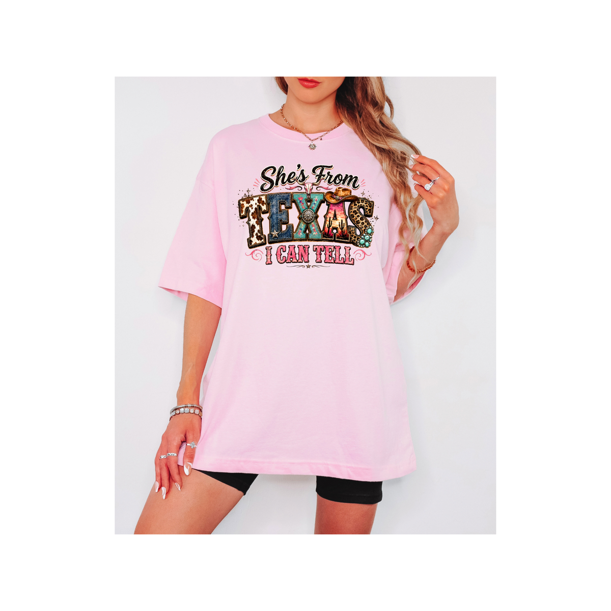 She's From Texas I Can Tell Colorful Graphics - Oversized Boxy T-Shirt