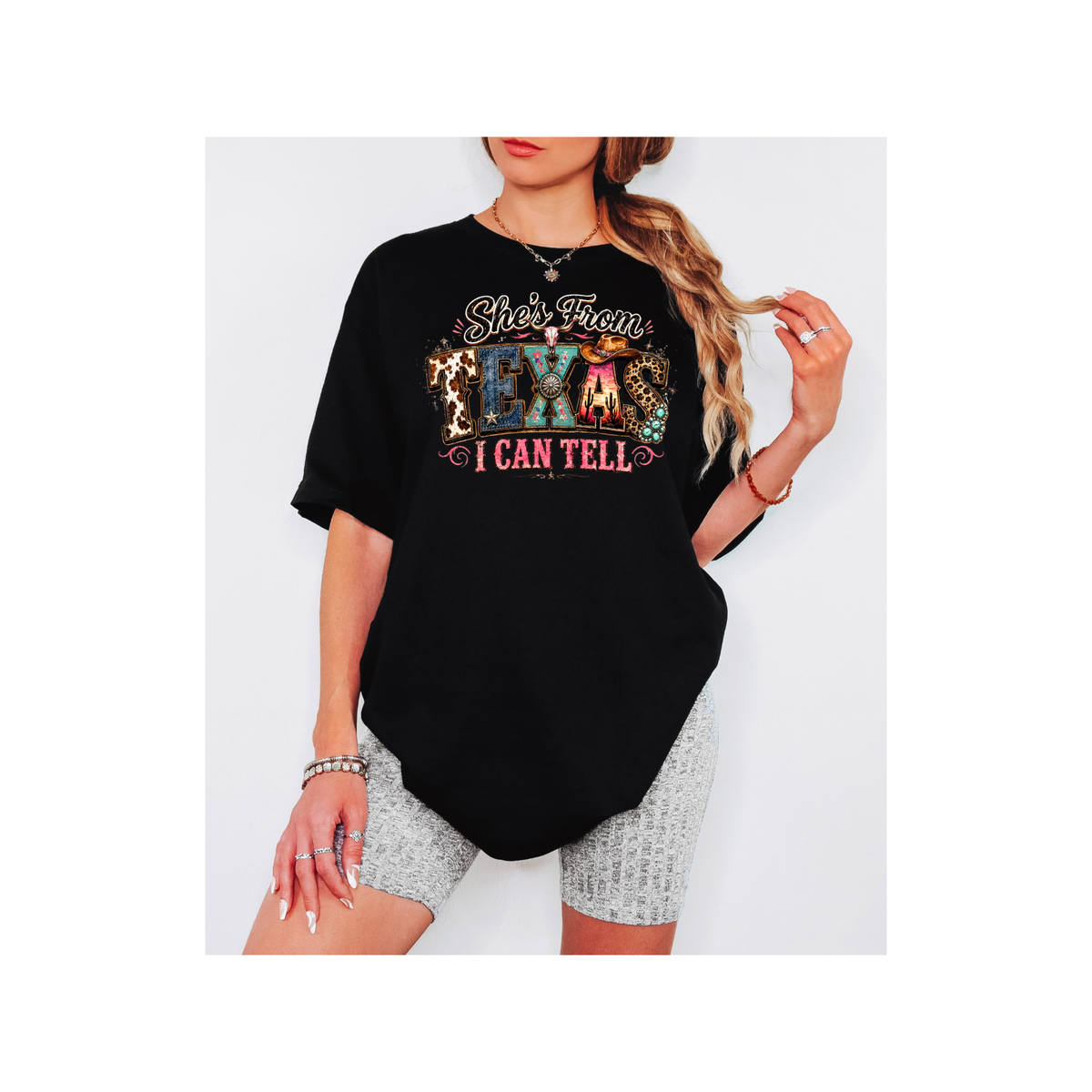 She's From Texas I Can Tell Colorful Graphics - Oversized Boxy T-Shirt