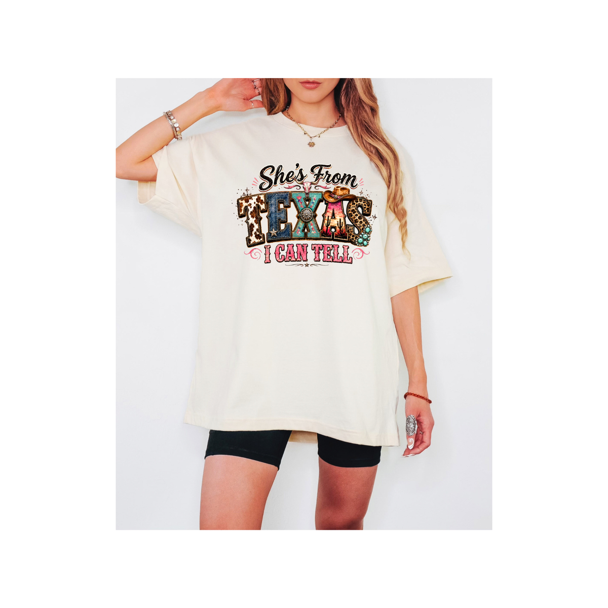 She's From Texas I Can Tell Colorful Graphics - Oversized Boxy T-Shirt