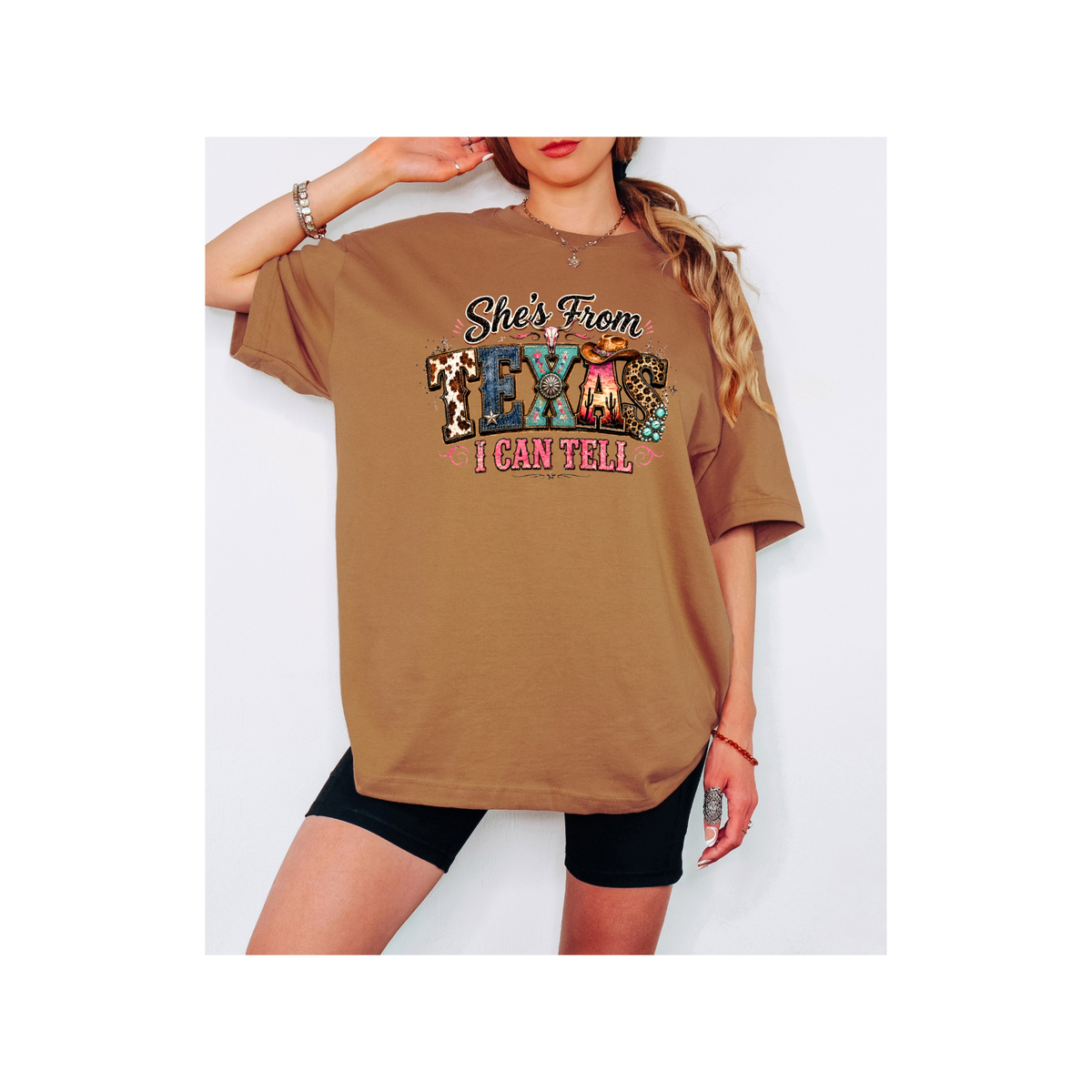 She's From Texas I Can Tell Colorful Graphics - Oversized Boxy T-Shirt