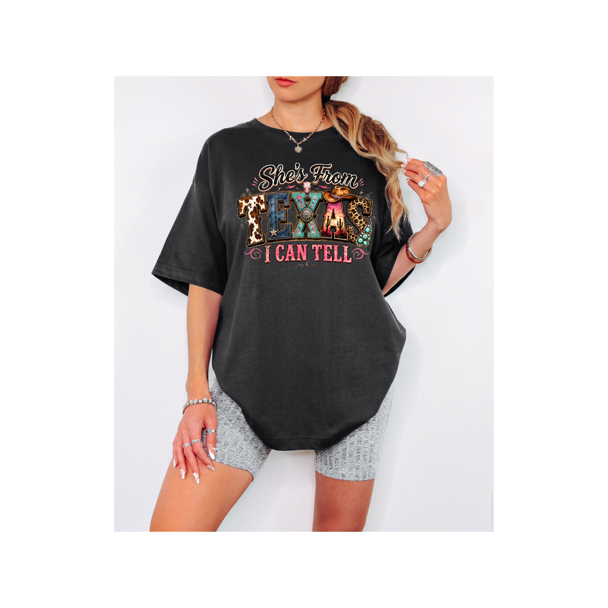 She's From Texas I Can Tell Colorful Graphics - Oversized Boxy T-Shirt