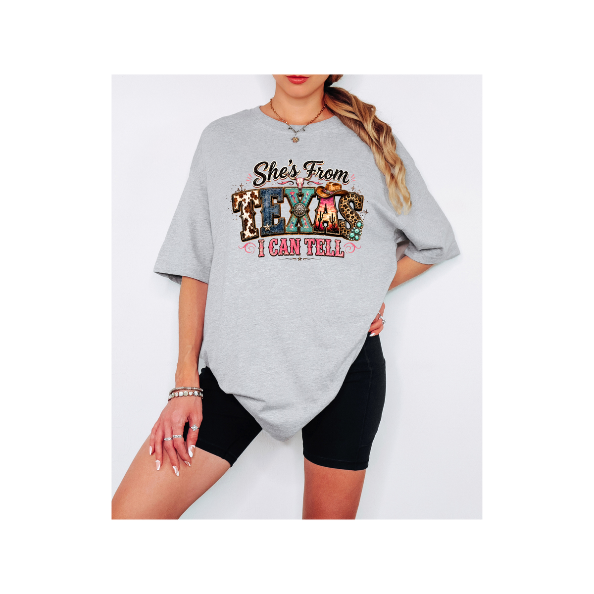 She's From Texas I Can Tell Colorful Graphics - Oversized Boxy T-Shirt
