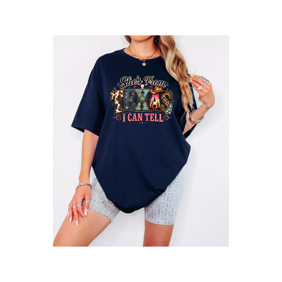 She's From Texas I Can Tell Colorful Graphics - Oversized Boxy T-Shirt