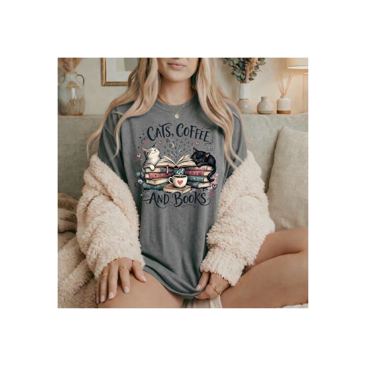Cats, Coffee and Books T-Shirt (Comfort Colors)