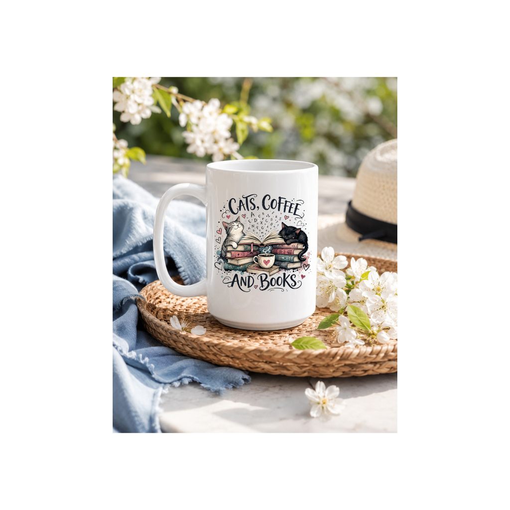 Cats, Coffee and Books Cute Cat Lover 15oz Coffee Mug