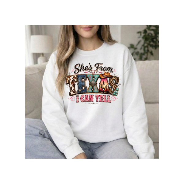 She's From Texas I Can Tell Colorful Leopard & Western Crewneck Sweatshirt