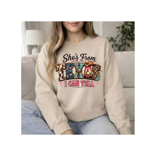 She's From Texas I Can Tell Colorful Leopard & Western Crewneck Sweatshirt