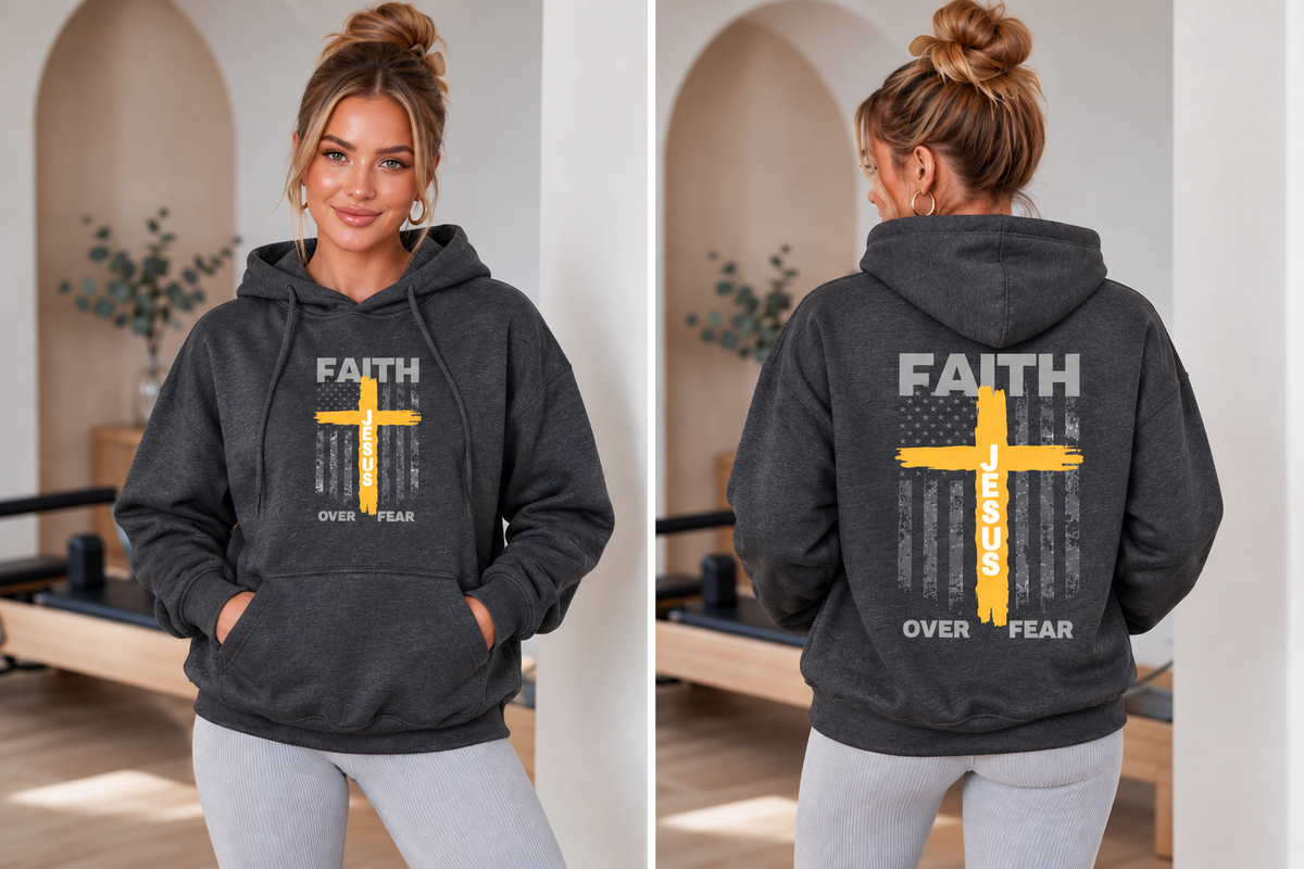 Faith Over Fear Jesus Cross Fleece Lined Hoodie (Front & Back Design)
