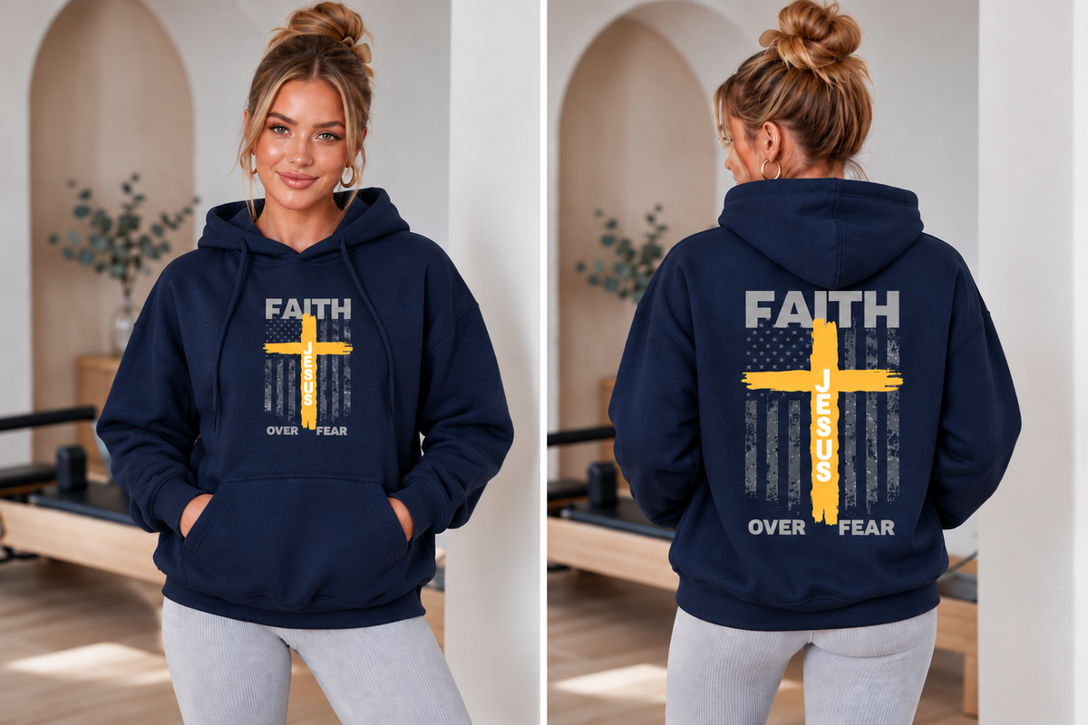 Faith Over Fear Jesus Cross Fleece Lined Hoodie (Front & Back Design)